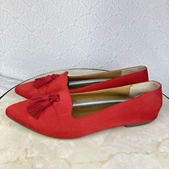 J. Crew Tassel Loafers Womens Size 9 Red Microsuede Pointed Toe Slip On Shoes - Picture 6 of 12